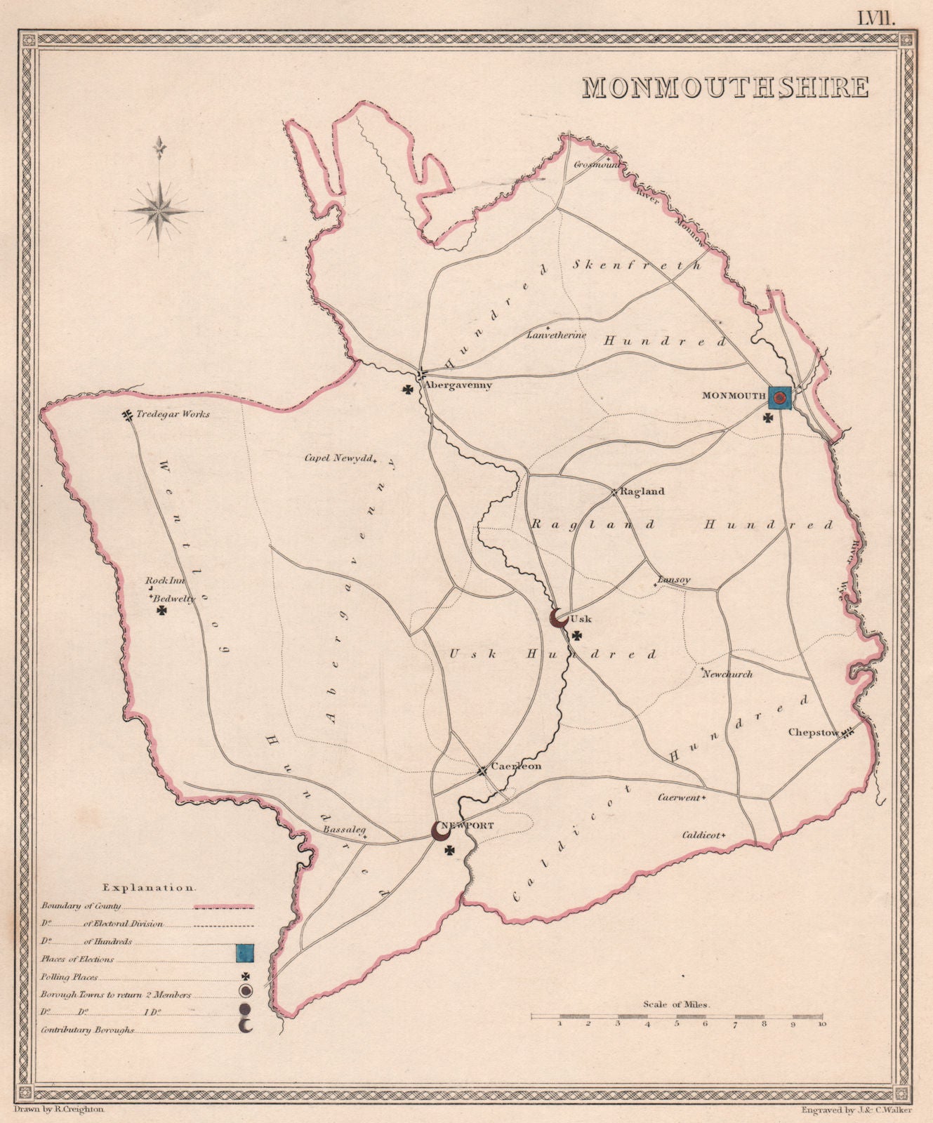 MONMOUTHSHIRE antique county map by CREIGHTON/WALKER. Electoral 1835 old